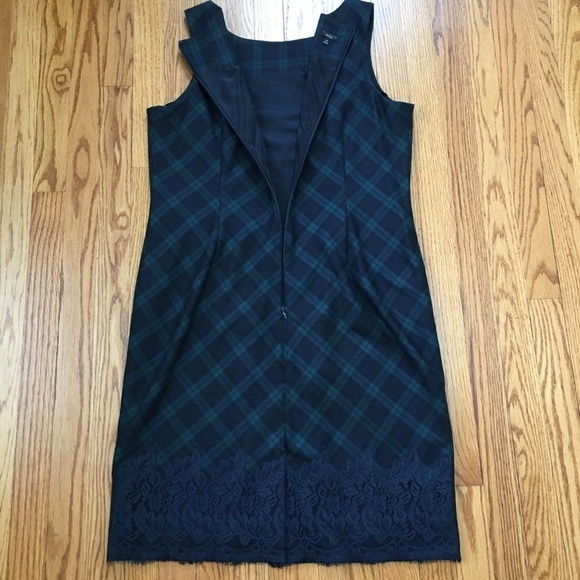 Talbots Wool Blend Green & Blackwatch plaid lace hem sleeveless sheath dress 14 - Picture 5 of 16